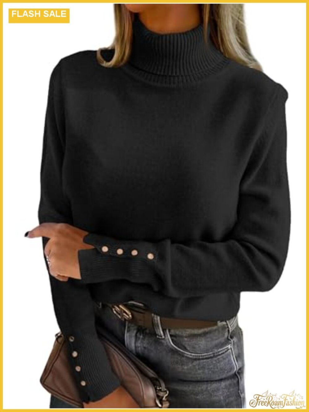 Turtleneck Sweater Long Sleeve Knitted Pullover Button Cuff Casual